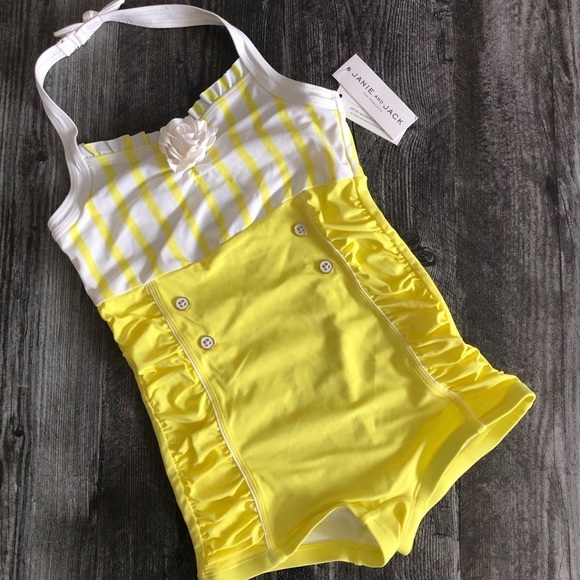 Janie & Jack Yellow and White Striped Halterneck Swimsuit Sailor Retro Size 12 - Picture 10 of 10